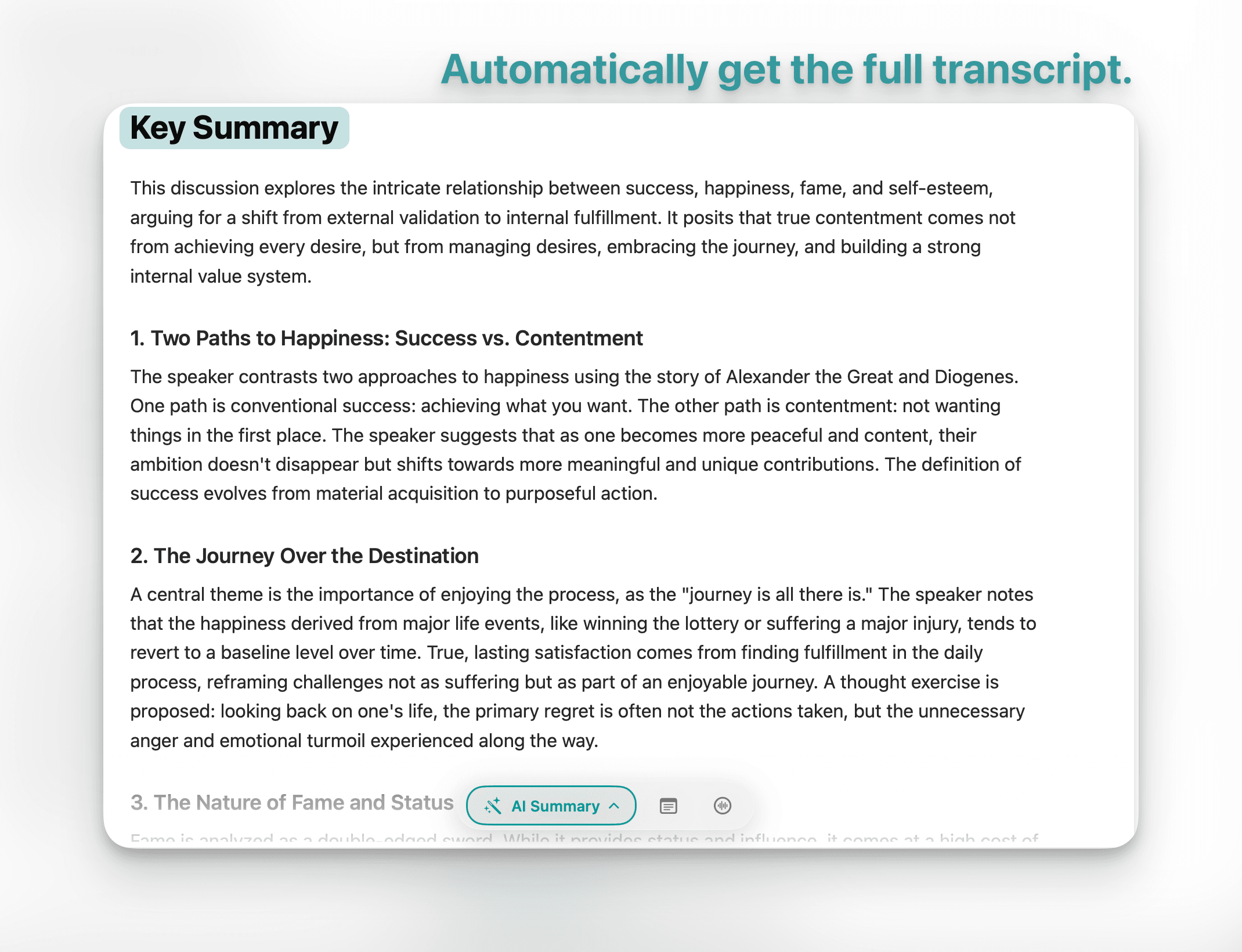 WeNotely 会议后界面 - AI 智能总结的完整会议纪要和关键洞察